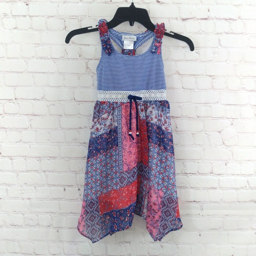 Jona Michelle Dress Girls 6 Red White Blue Patchwork Sleeveless Handkerchief